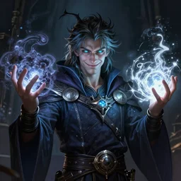 handsome young wizard with a smirk and glowing eyes holding dark and light magic in both hands, volumetric lighting, D&D, fantasy, intricate, cinematic lighting, highly detailed, digital painting, artstation, concept art, smooth, sharp focus, illustration, art by Artgerm and Greg Rutkowski and Alphonse Mucha