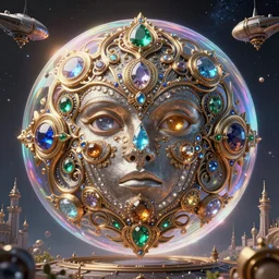 soap bubble mind, symetrical highly detailed ornate with jewels and precious metals futuristic, sandman kingdom, outside view from castle kingdom of dreams, space ships, hiperrealistc, global illumination, radiant light, cosmic detailed and intricate environment, gold, silver, bronze, rubi, emerald, sapphire, aquamarine, topaz, art by andreas achenbach