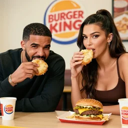 rapper drake eating at burger king's fast food with bella hadid, photorealistic, dynamic light, ultra detailed