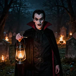 portrait photo still of a spooky dracula holding a match, lanterns, in front of an old cemetery on fire at night, 8 k, 8 5 mm f 1. 8