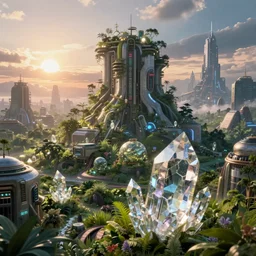 a cinematic composition depicting : a translucid crystal - being viewing how a lush solarpunk civilization with their technology is encroaching on a distant cyberpunk world at sunrise