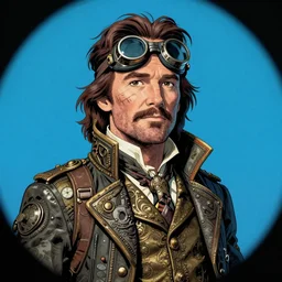 hyper detailed comic illustration of a steampunk matthew mcconaughey wearing goggles and an intricate Victorian jacket, markings on his face, by Hayao Miyazaki intricate details, vibrant, solid background, low angle fish eye lens