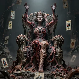 [ woman in a crown and dismal [ supervillain outfit made of flesh ]! ]! ascending [ her hands upward ]! on a detailed ruined throne trending on artstation 4 k quality cgsociety contest winner artstation hd artstation concept art behance tarot card gloomy grim dismal intricate minutia details wide - screen by artgerm rutkowski wikelmann