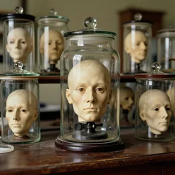 color photograph of an old victorian laboratory with lots of human heads in jars, one head in a glass jar is alive and looking at the camera