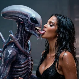 film still of kim kardashian being licked by an xenomorph slathered in a transparent alien liquid, wet flowing hair, gooey skin, illustration, unreal engine 5, 8 k, directed by h. r. giger.