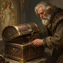 photography of an old man picklocking a treasure chest, deep focus, d & d, fantasy, intricate, elegant, highly detailed, digital painting, artstation, concept art, matte, sharp focus, illustration, hearthstone, art by artgerm and greg rutkowski and alphonse mucha