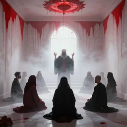 satanic occult seance conjures hizbillah in a misty white room with red bfluid dripping from the walls, volumetric lighting, hdr, 8 k, moebius yasushi nirasawa style