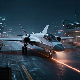futuristic sci fi jet plane arrives at runway of cyberpunk airport at night ,cinematic lighting, realistic photo , concept art