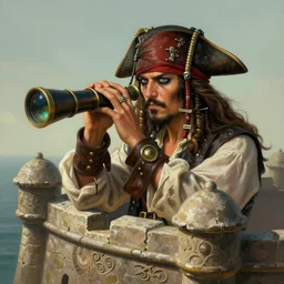 captain pirate looking trough a lunette. from the top of a stone fort. intricate, elegant, highly detailed, digital painting, artstation, concept art, sharp focus, illustration, by justin gerard and artgerm, 8 k