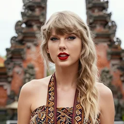 taylor swift wearing batik bali in bali. temple background. front view. instagram closeup holiday photo shoot, closeup, 5 0 mm