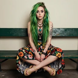 dslr photo of claire boucher, grimes, full bodied portrait with green hair, sitting on a bench wearing a flower skirt, and body and wearing hemp sandals and a very detailed faerie necklace around neck, artgerm, artstation, highly detailed photo, very high quality face, intricate details, extremely high quality, real camera, real photo, photography by deviantart, 8 k