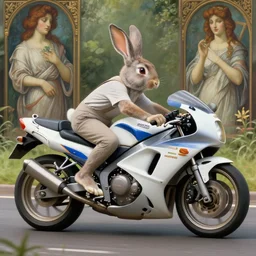 a bunny!!! driving a motorcycle,!!! a 1 9 8 6 - suzuki - dr - 6 0 0!!!, highly detailed, digital painting, artstation, concept art, matte, sharp focus, highly detailed, 4 k, hdr, smooth, sharp focus, high resolution, award - winning photo, photorealistic, art by artgerm and greg rutkowski and alphonse mucha, large shot