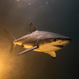 mysterious fantasy shark at night, 4 k, photorealistic, golden light, volumetric, foggy