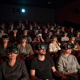people in a busy dark movie theatre, all of themare wearing vr headsets with art direction by salvador dali, wide lens