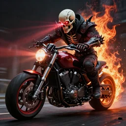 the most epic, awesome, cool, super evil skeleton skull art ever, evil extreme aura, red blasting laser eyes, angry violent flame explosion motorcycle