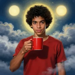 portrait of a ( ( ( una taza de cafe grande y rojo ) ) ), ( ( guapo joven caliente brasileno mulato pelo chino ) ), nubes y magia, el sol, concept character, by greg rutowski and tezuka and oi and mucha and bierstadt and remington, trending on artstation