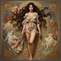 cute bengali woman with a beautiful face and eyes, long hair, wearing a flowery romper, long legs, fantasy, intricate, full body shot, sexy, highly detailed, digital painting, artstation, concept art, wallpaper, smooth, sharp focus, realistic photo by artgerm and greg rutkowski and alphonse mucha