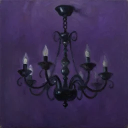 oil painting of a black chandelier swinging and moving violently to the foreground of the painting, dynamic movement, deep purple background, chiaroscuro, automatism, tachisme