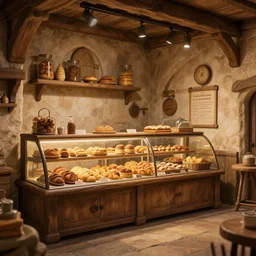 concept art, a beautiful highly detailed interior display of a fantasy small medieval french bakery of a small town, poor, small, petite boulangerie, realistic shaded lighting poster by ilya kuvshinov, magali villeneuve, artgerm, jeremy lipkin and michael garmash and rob rey