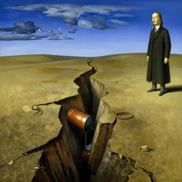 a surrealist landscape with a huge deep crack that is running from foreground to horizon, blue sky with dark clouds, an oilbarrel leaks oil into the crack, hyperdetailed painting, dali, hyronimus bosch, magritte