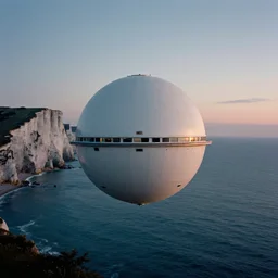 a spherical white spaceship hovers over Earth's oceans near the Cliffs of Dover at Dusk, film still from the movie directed by Denis Villeneuve with art direction by Zdzisław Beksiński, wide lens