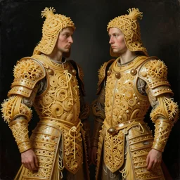 siamese twins made of spaghetti, studio photo shoot, intricate armor made of spaghetti fractals, ancient warrior, samurai style, by giuseppe arcimboldo and ambrosius benson, renaissance, intricate and intense oil paint, a touch of beksinski, realistic