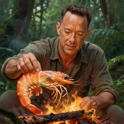 Tom Hanks as forrest roasint a giant shrimp over a fire in the jungle, realistic digital painting, in the style of Aleksi Briclot, photoreailstic, realistic face, amazing detail, sharp