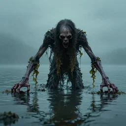 a creepy monster crawling out of the water, seaweed haning from its arms, very long arms, very long fingers, standing in shallow water, drowned, unsettling, creepy, artstation, cgsociety