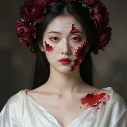 hyperrealism close - up mythological portrait of an exquisite medieval asian woman's shattered face partially made of maroon flowers in style of classicism, wearing white silk dress, red palette
