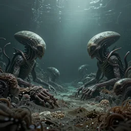 ultra realistic muted colors horror photo of a dimly lit alien underwater landscape, very intricate details, focus, full frame image, high contrast, cgi render, artwork by tooth wu and wlop and beeple and greg rutkowski, award winning