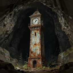 an abandoned old,rusty, claimed by nature clock tower in a dark enormous cave, painting, illustration, Concept art, art station, DeviantArt