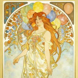 balloon pop art in the style of alphonse mucha