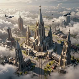 “An aerial view of a futuristic gothic city from warhammer 40k. Cathedrals, factories, railway, heavy depth of field, clouds, haze, aircraft”