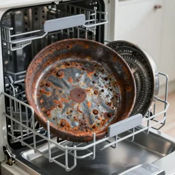 inside of a dishwasher, containing one iron skillet in the dishwasher racks, the skillet is rusty, highly detailed, high quality, HD, 4k, 8k, Canon 300mm, professional photographer, 40mp, lifelike, top-rated, award winning, realistic, sharp, no blur, edited, corrected, trending