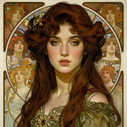 realistic detailed portrait of Taii Gordon by Alphonse Mucha, Ayami Kojima, Amano, Charlie Bowater, Karol Bak, Greg Hildebrandt, Jean Delville, and Mark Brooks, Art Nouveau, Neo-Gothic, gothic, freckles, Taii Gordon, rich deep moody colors