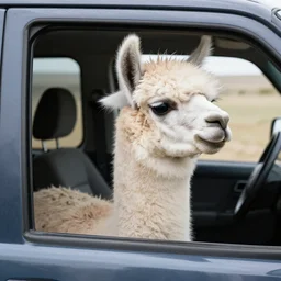 a old photo of llama sitting in a car, looking out of the window and his hair is flying in the wind, riding through times square 8 k