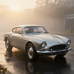 parked retro futuristic vintage polished car, fog, rain, volumetric lighting, beautiful, golden hour, sharp focus, photorealistic, highly detailed, cgsociety