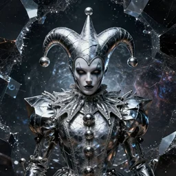 phenomenal ominous front!! shot photo of a court jester character fine portrait fine portrait mesmerizing fractal hyper cubes platinum cracked dark future hyper dimensional space galactic crystal nebula edges elegant detailed intricate concept artstation sharp focus ray tracing cinematic masterpiece temporal corruption beeple wlop germ 8 4 k scifi glossy hyper realistic illustration canon eos r 3 fujifilm x - t 3 0 sony alpha a 6 6 0 0
