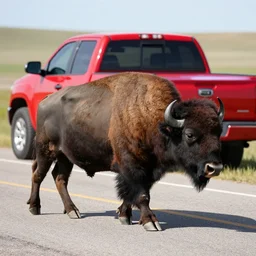 hyperrealistic detailed photograph of buffalo crossing the road in front of a red pickup truck in south dakota