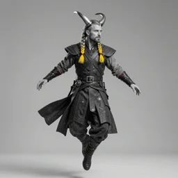 viking skulle with braids hovering in the air, grayscale, yellow detail, red detail