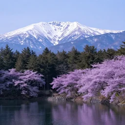 forest and lakes with purple Sakura flowers with snow mountains at the background
