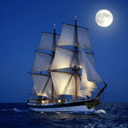 british sailing sailing ship at sea, waves, wind, midnight, midnight, stars,, moon by jan van goyen