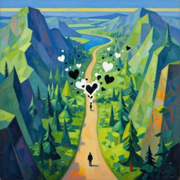a collision of exploding black hearts and white hearts in abstract form of an endless lonely long and winding path through an isometric fantasy forested mountains and lakes landscape, vivid vibrant geometric art nouveau. trending on pixiv and artstation. an absurdly detailed oil painting