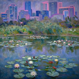 monet's the water lily pond with a city scape in the background, neon high - rises