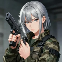 silver hair girl holding a gun, multicam camo, cinematic portrait, ilustration by Takehiko Inoue