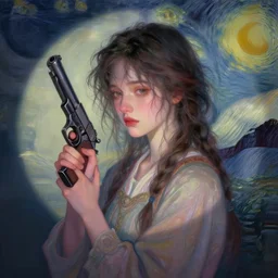 portrait of a beautiful girl, holding a gun, messy hair, sad, dreaming, dark pastel colors, beautiful face, rule of thirds, intricate outfit, spotlight, by greg rutkowski, by jeremy mann, by francoise nielly, by van gogh, digital painting
