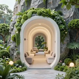 secret overwatch hallway for living quarters carved inside a mountain surrounding a lush garden, trimmed, magical, natural light, clean lines, cozy, fantasy, minimalist architecture, sharp focus, concept art, by greg rutkowski and craig mullins,, octane render 8 k