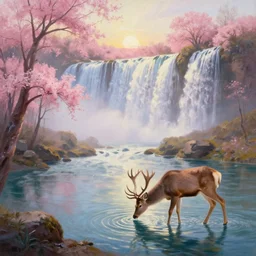 the most beautiful panoramic landscape, oil painting, where a giant dreamy waterfall creates a river, the trees around are starting to bloom in pink color, a majestic deer is drinking water from the river and a ray light of the sunset is brightening him, by greg rutkowski