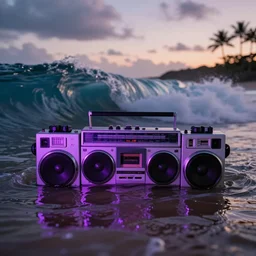 4 k somy a 7 wide angle photo boombox speaker half submerged in water with a wave rolling over it in hawaii at dusk with neon lighting