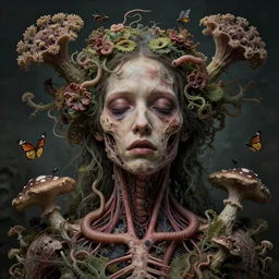 beautiful and detailed rotten woman corpse with fractal plants and fractal flowers and mushrooms growing around, face muscles, veins, arteries, intricate, ornate, worms, flies, butterflies, symmetrical, sad, surreal, ray caesar, john constable, guy denning, dan hillier